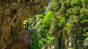 Sendero junto al precipicio mientras dos personas miran el paisaje montañoso con multitud de vegetación. Foto de Gabriel González