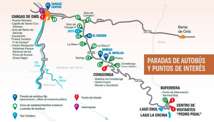 Plano paradas bus lagos de Covadonga
