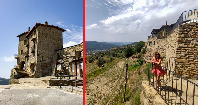 A la izquierda de la imagen: Vivienda de piedra con un arco para entrar al pueblo. A la derecha de la imagen: Chica en el mirador de piedra y valla metálica con vistas hacia la montaña